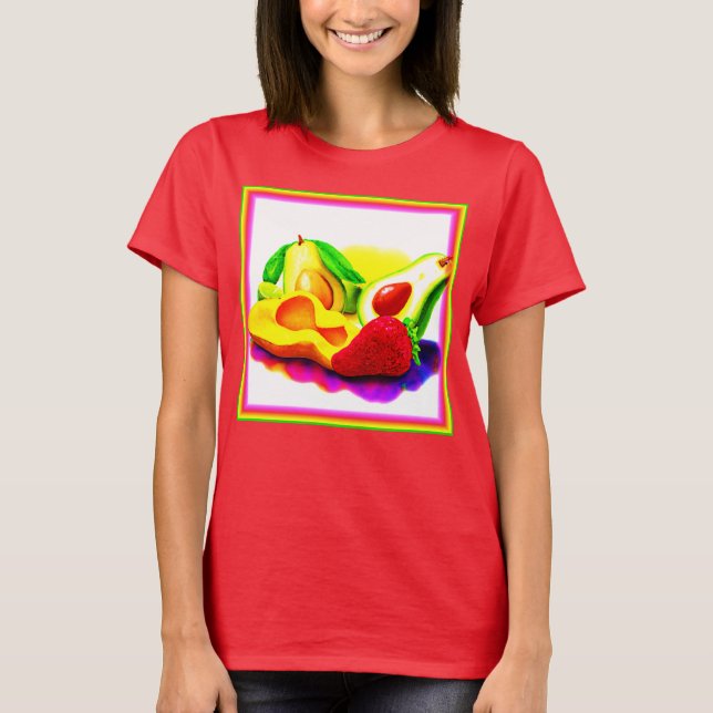 Tropical Avocado, Strawberry, and Mango. Buy Now T-Shirt (Front)