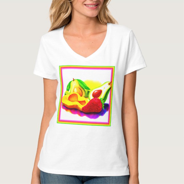 Tropical Avocado, Strawberry, and Mango. Buy Now T-Shirt (Front)