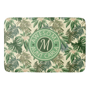 Tropical Awesome Aunt Leaves Watercolor Monogram Bath Mat