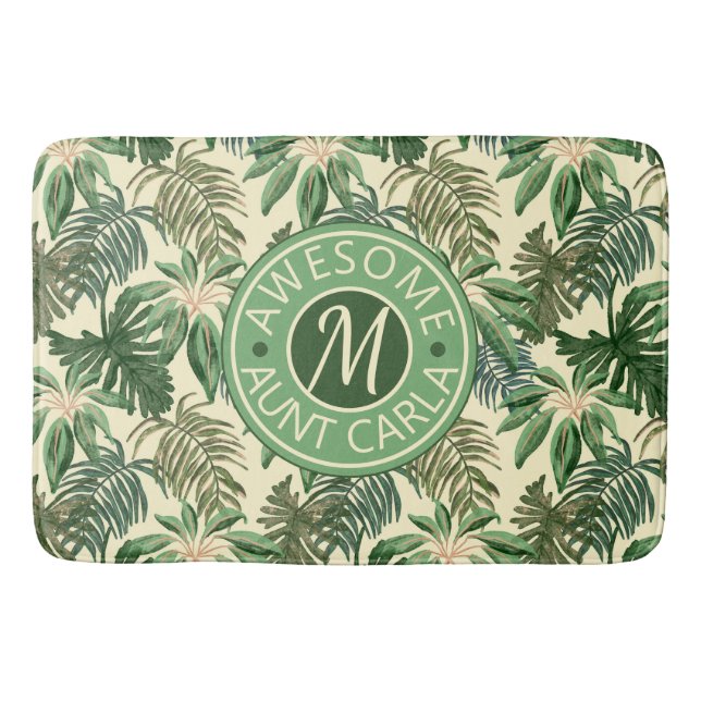 Tropical Awesome Aunt Leaves Watercolor Monogram Bath Mat (Front)