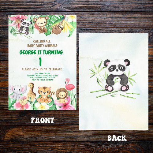 Tropical Baby Animals Theme Kids Birthday Party Invitation