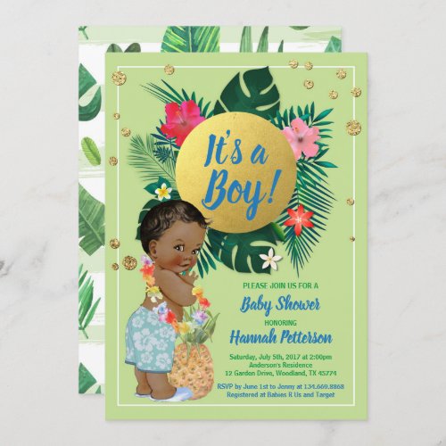 Tropical baby boy couples shower green gold invitation