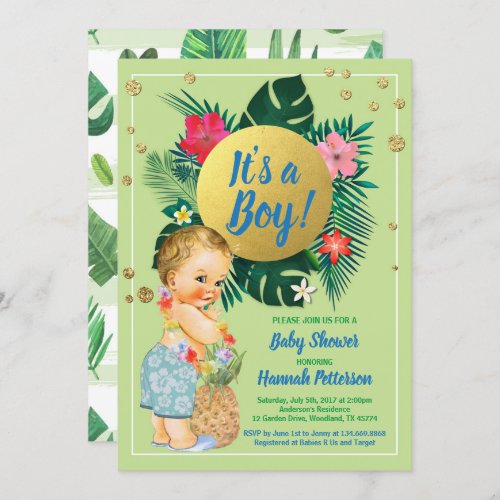 Tropical baby boy couples shower green gold invitation