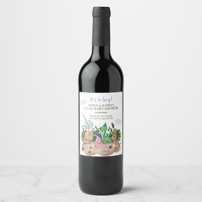 Tropical baby Dinosaurs! Co-Ed Baby Shower Wine Label (Front)