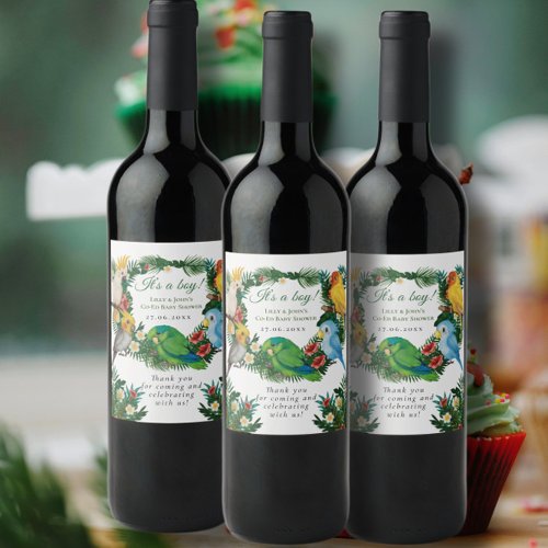 Tropical baby exotic Parrots Co_Ed Baby Shower Wine Label