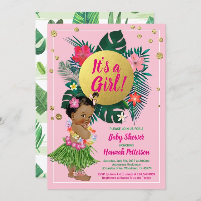 Tropical baby girl couples shower pink gold invitation (Front/Back)