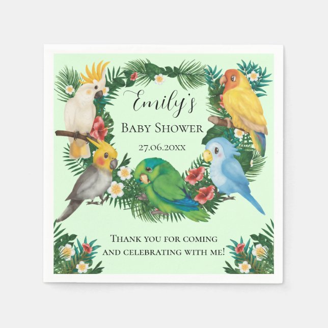 Tropical baby Parrots exotic Greenery Baby Shower Napkins (Front)