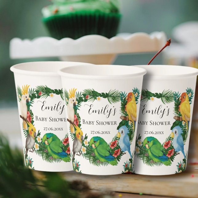 Tropical baby Parrots exotic Greenery Baby Shower  Paper Cups (Creator Uploaded)