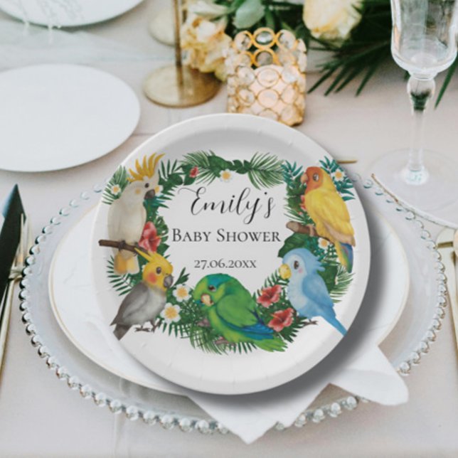 Tropical baby Parrots exotic Greenery Baby Shower Paper Plates (Creator Uploaded)