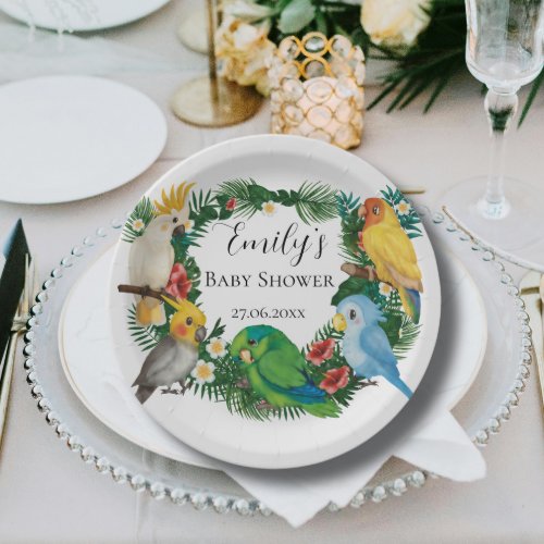 Tropical baby Parrots exotic Greenery Baby Shower Paper Plates