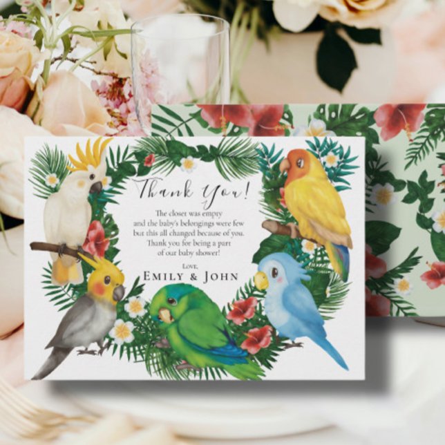 Tropical baby Parrots Wild Baby Shower Photo Thank You Card (Creator Uploaded)