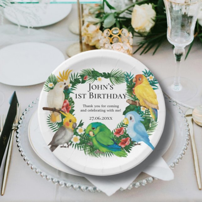 Tropical baby Parrots Wild Exotic Green Birthday Paper Plates (Creator Uploaded)
