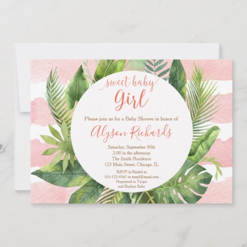 Tropical baby shower girl greenery palms invitation