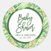 Tropical Baby Shower Green Watercolor Leaves Classic Round Sticker