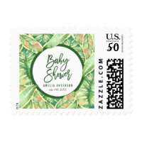 Tropical Baby Shower Green Watercolor Leaves Postage
