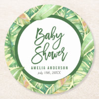 Tropical Baby Shower Green Watercolor Leaves Round Paper Coaster