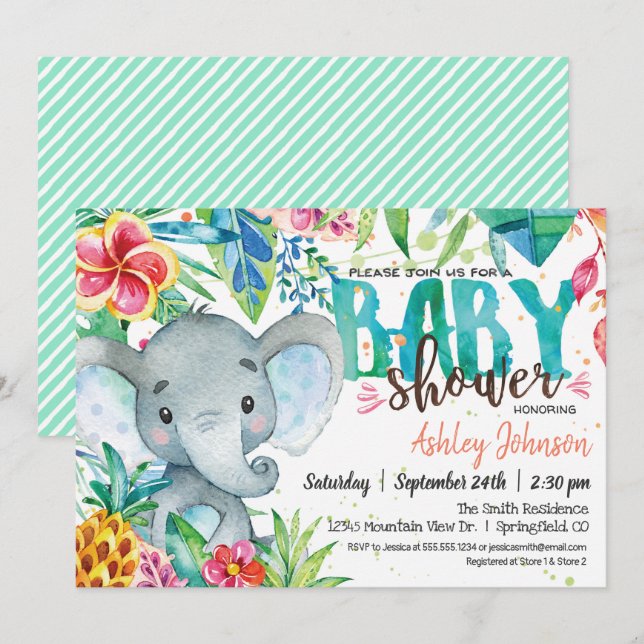 Tropical Baby Shower invitation, Elephant Invitation (Front/Back)