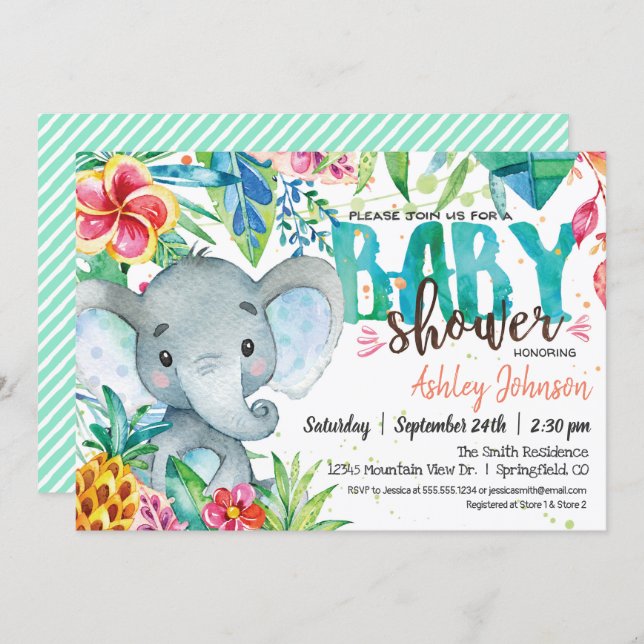 Tropical Baby Shower invitation, Elephant Invitation (Front/Back)