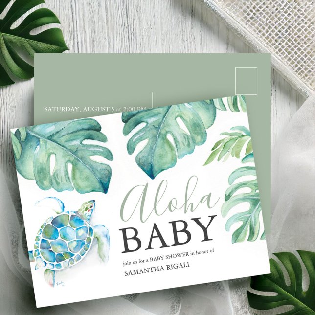 Tropical Baby Shower Invitations Aloha Postcard (Tropical baby shower invitation postcard watercolor sea turtle palm leaf art by Victoria Grigaliunas)