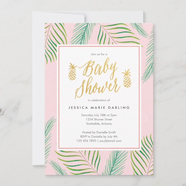 Tropical Baby Shower Invitations in Pink & Gold (Front)