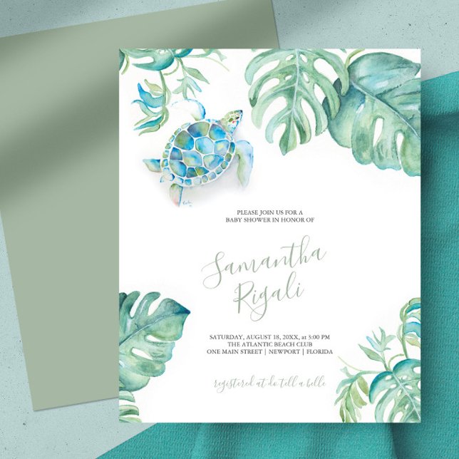 Tropical Baby Shower Invitations Teal Sea Turtle (Tropical baby shower invitations features a watercolor teal sea turtle with green monstera leaves)