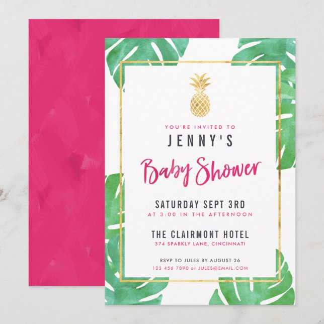 Tropical Baby Shower Pink & Gold Pineapple Invitation (Front/Back)