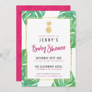 Tropical Baby Shower Pink & Gold Pineapple Invitation