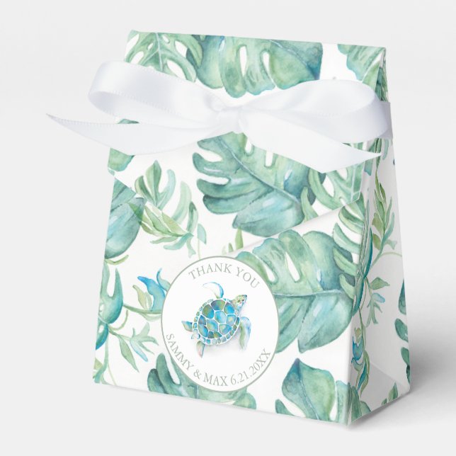 Tropical Baby Shower Sea Turtle Monstera Leaf Favor Boxes (Front Side)