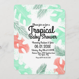 Tropical Baby Shower Watercolor Monstera Coral Invitation
