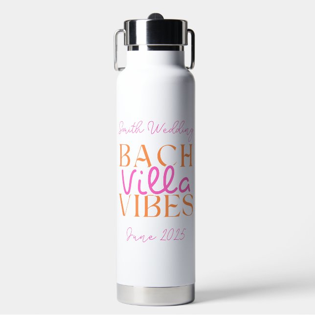 Tropical Bach Villa Vibes Pink Bachelorette Water Bottle (Front)