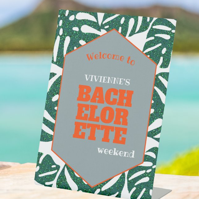 Tropical Bachelorette Monstera Leaves Welcome Pedestal Sign (tropical bachelorette party welcome sign glitter monstera green and orange bachelorette welcome)