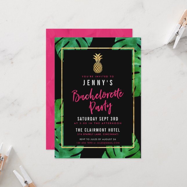 Tropical Bachelorette Party / Gold Pineapple Invitation (Front/Back In Situ)