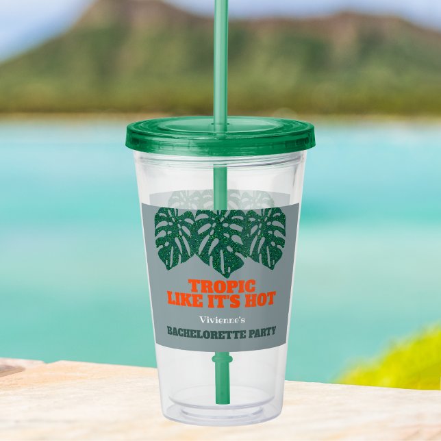 Tropical Bachelorette Party Green Monstera Leaves Acrylic Tumbler (tropic like it's hot tropical bachelorette party tumbler with green glitter monstera leaves)