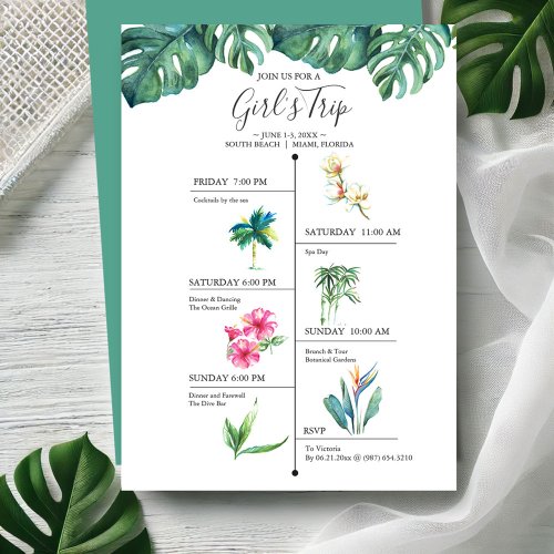 Tropical Bachelorette Party Invitations Itinerary