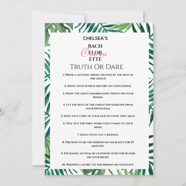 Tropical bachelorette party Truth Or Dare Fun Game Invitation (Front)