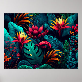 Tropical background with exotic flowers and leaves poster