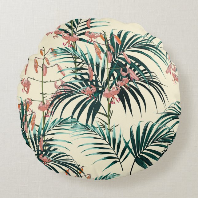 Tropical background with jungle plants. Seamless t Round Pillow (Front)