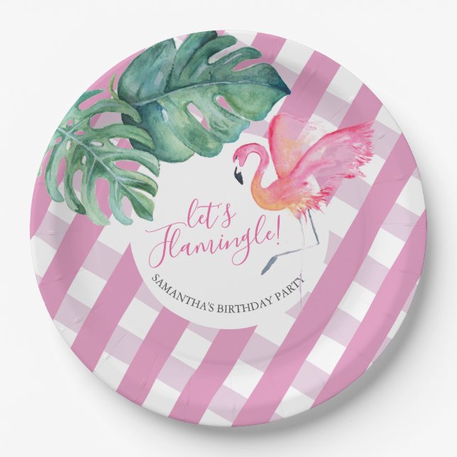 Tropical Backyard Birthday Pink Flamingo Paper Plates (Front)