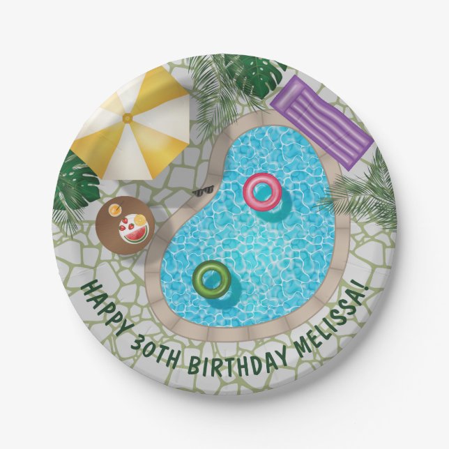 Tropical Backyard Pool Summer Pool Birthday Party Paper Plates (Front)