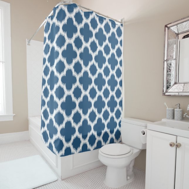 Tropical Bahama Blue White Ikat Quatrefoil Pattern Shower Curtain (In Situ)