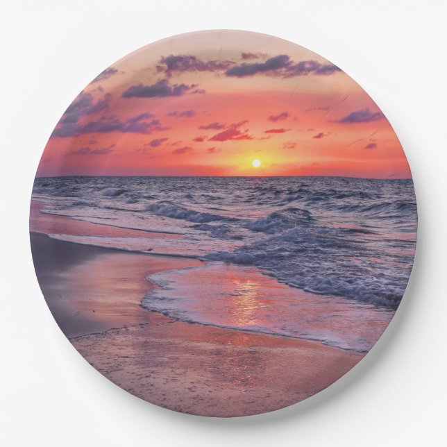 Tropical Bahamas Sunset Paradise Beach Paper Plates (Front)