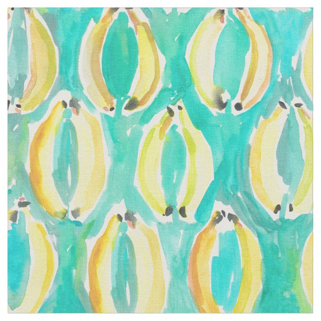 Tropical Banana Dance Watercolor Pattern Fabric (Close Up)