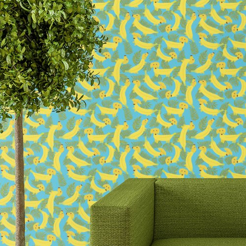 Tropical Banana Dogs Cute Patterned Wallpaper