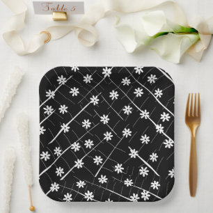tropical banana leaf and flowers black botanical paper plates