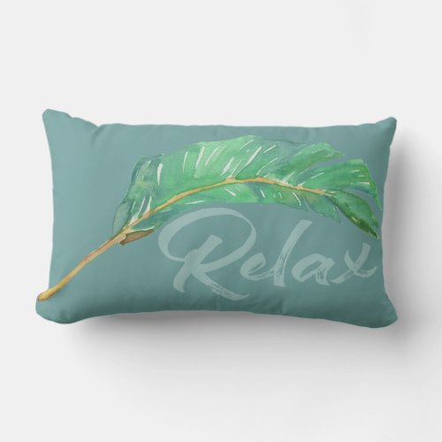 Tropical Banana Leaf Blue Green Watercolor Outdoor Lumbar Pillow