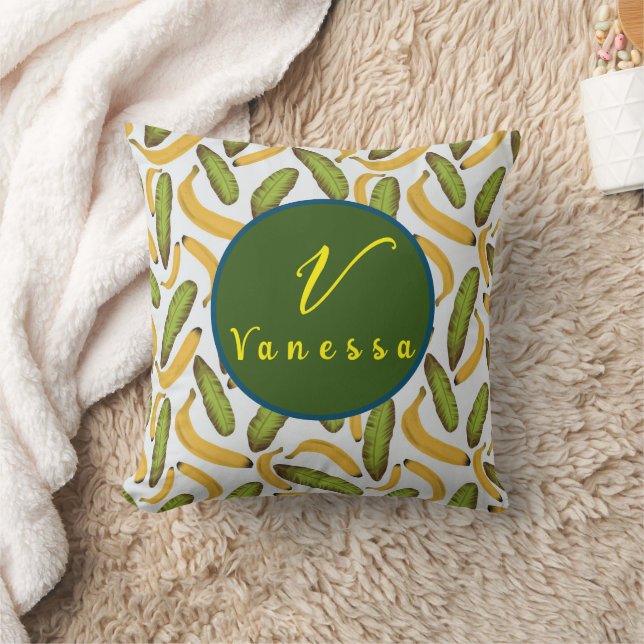 Tropical Banana Leaf Monogram Script  Throw Pillow (Blanket)