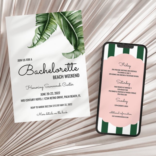 Tropical Banana Leaf/Stripes Bachelorette Invitation (Creator Uploaded)