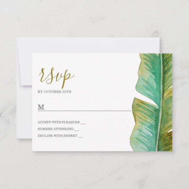 Tropical Banana Leaf Wedding RSVP Card (Front)