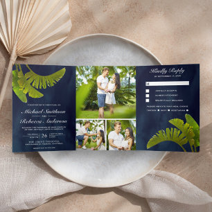 Tropical Banana Leaves 3 in 1 Navy Blue Wedding Tri-Fold Invitation