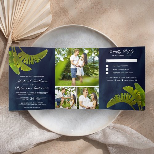 Tropical Banana Leaves 3 in 1 Navy Blue Wedding Tri_Fold Invitation